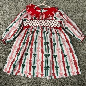 The Smocked Flamingo Heirloom Christmas Bows Dress Toddler